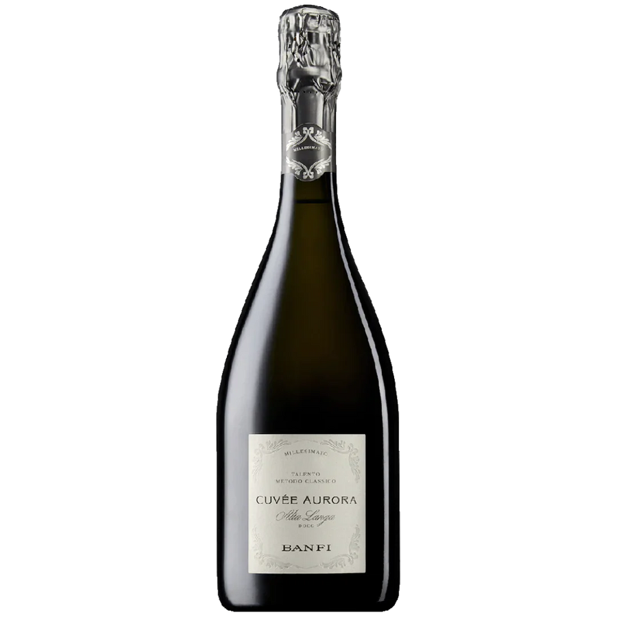 Cuvee Aurora Banfi Brut 2019 bottle from Piedmont Italy with elegant label.