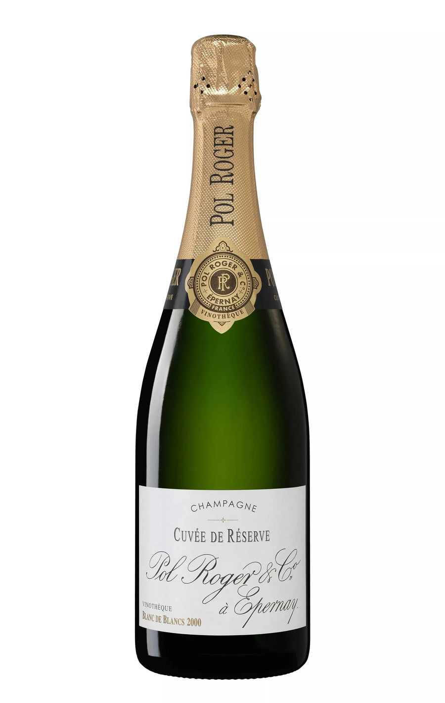 Pol Roger Champagne Brut Blanc De Blancs Cuvee De Reserve 2000 750ML bottle with elegant vintage design