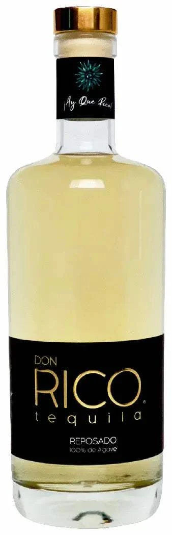 Don Rico Reposado Tequila 750ml bottle with golden amber color and oak aging background