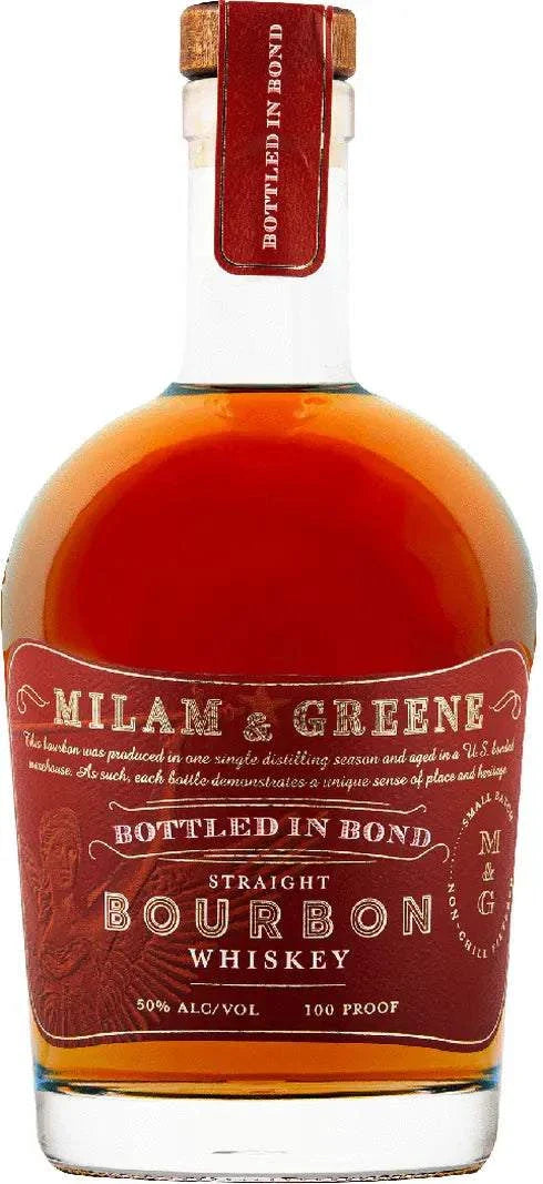Milam & Greene Straight Bourbon bottled in bond 4-year 100 proof 750ml bottle with rich oak and caramel notes