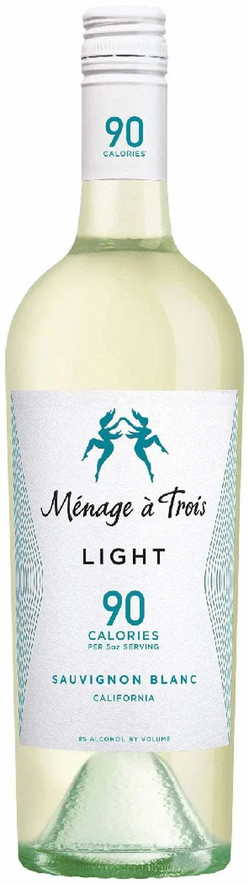 Menage A Trois Sauvignon Blanc Light California 750 ML bottle with citrus and tropical fruit imagery