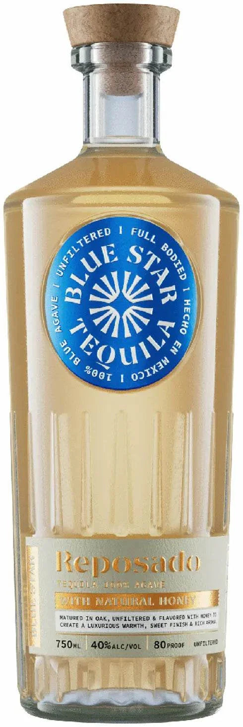 Bottle of Blue Star Reposado Honey Tequila 750 ML with golden honey and aged tequila blend