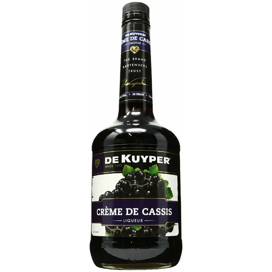 Bottle of Dekuyper Creme De Cassis 750 ML blackcurrant liqueur with rich fruity flavor