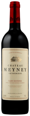 Red wine bottle with 'Chateau Meyney' label on a black background
