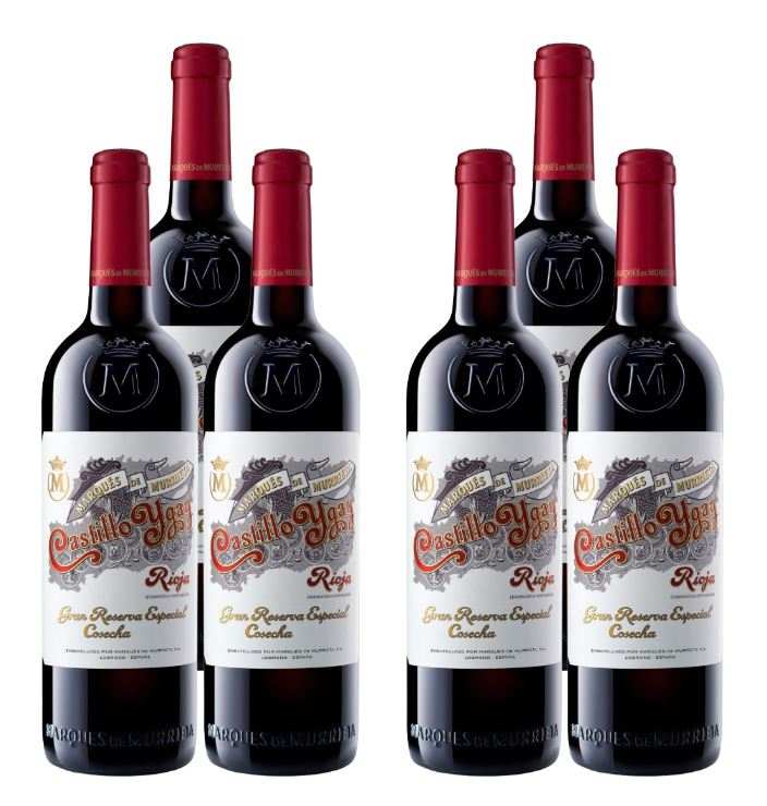 Six bottles of Castillo Ygay Rioja Gran Reserva Especial 2012 & 2011 wine combo with red foil caps and detailed vintage labels