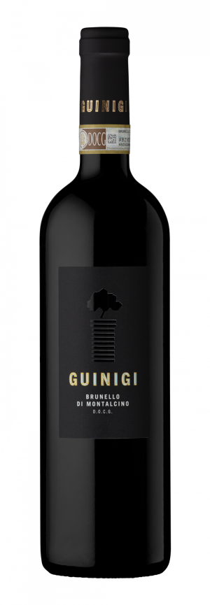 Guinigi Wines Brunello di Montalcino DOCG 2018 bottle on white background.