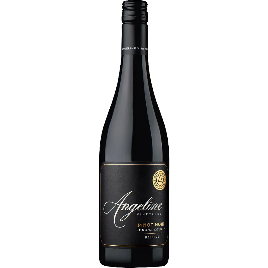 Angeline Pinot Noir Reserve Sonoma County 750 ML red wine bottle with grapes and tasting notes