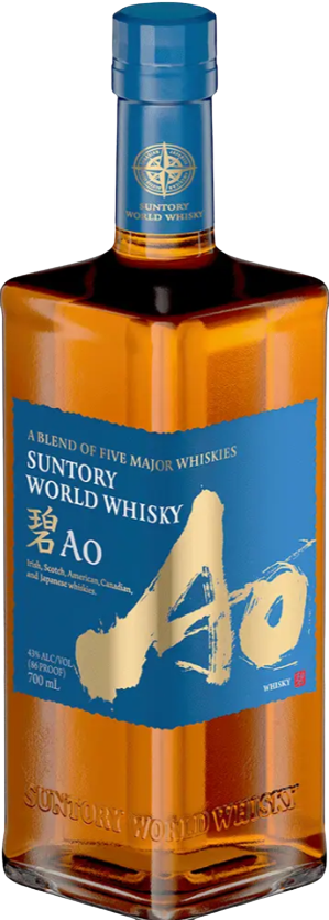 AO Suntory World Whisky 700ml bottle showcasing blended whiskies from five regions with blue label and gold lettering