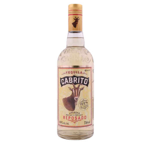 Bottle of Cabrito Reposado Tequila 750 ML with oak barrels and rocks glass