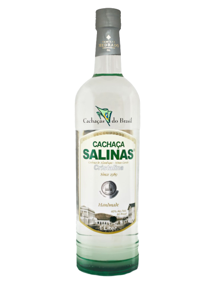 Salinas Cachaca Cristalina 1 L bottle, artisanal Brazilian cachaça distilled in copper alembic stills.