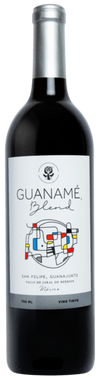 Red wine bottle with a white label featuring colorful abstract designs on a clear background