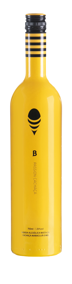 Cachaca B Passion 750 ML bottle with yellow label, Brazilian cachaca with passion fruit flavor.