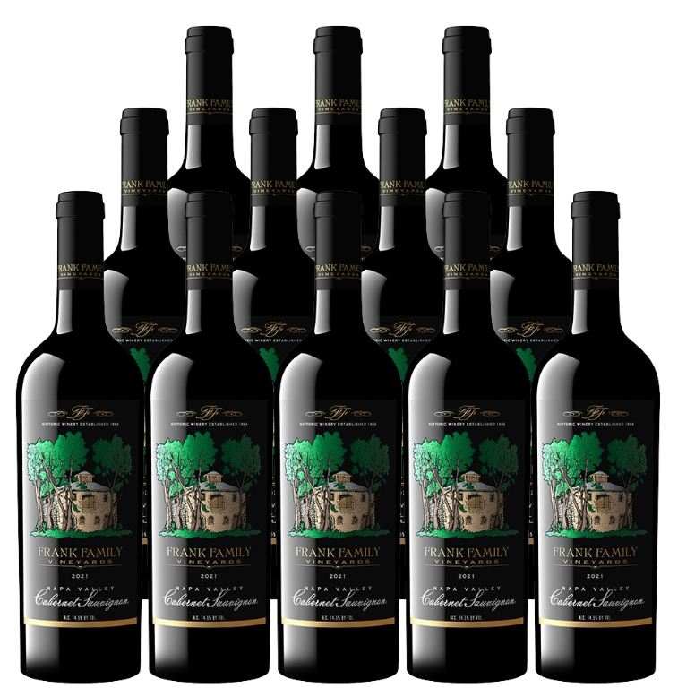 Twelve bottles of Frank Family Cabernet Sauvignon Napa Valley 2022 red wine, 750 ML each