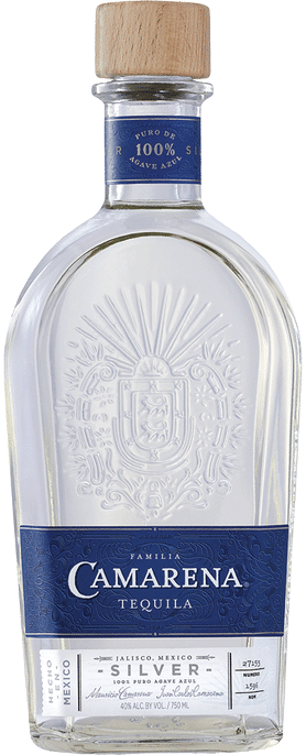 Familia Camarena Silver Tequila 100% De Agave 750 ML bottle with blue label and wooden cap