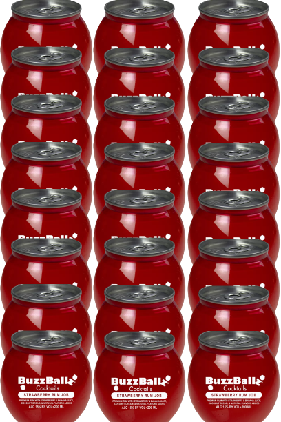 BuzzBallz Strawberry Rum Job Cocktails 200 ML cans in 24-pack, fruity ready-to-drink beverage.