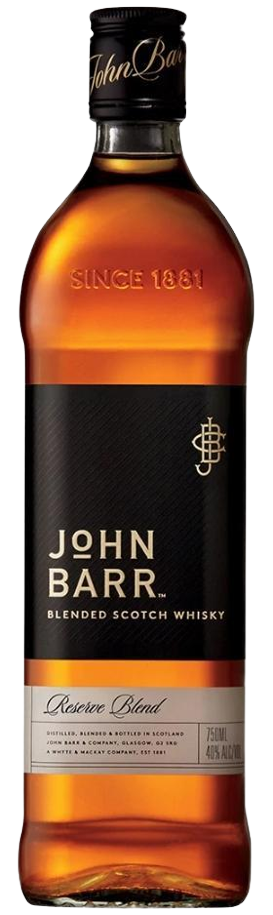 John Barr Reserve Blended Scotch Whiskey 80 750 ML bottle with amber whiskey, black and gold label, smooth and rich flavor profile
