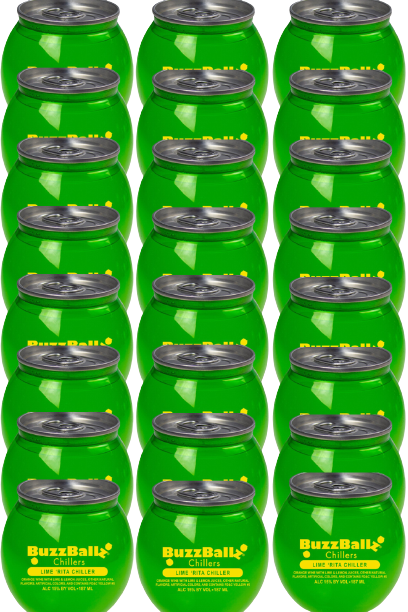 BuzzBallz Lime 'Rita Chillers 200 ML cans in a 24-pack arrangement.