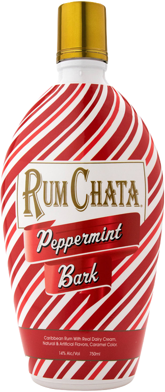 Rumchata Peppermint Bark cream liqueur bottle with red and white peppermint stripes and gold cap, 750ml.