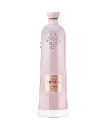 Komos Reposado Rosa Tequila 750 ML bottle with pink hue and decorative porcelain design.