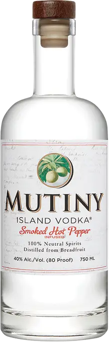 Mutiny Island Vodka Smoked Hot Pepper Vodka 750ML bottle with clear liquid and white label displaying tropical fruit illustration and bold text