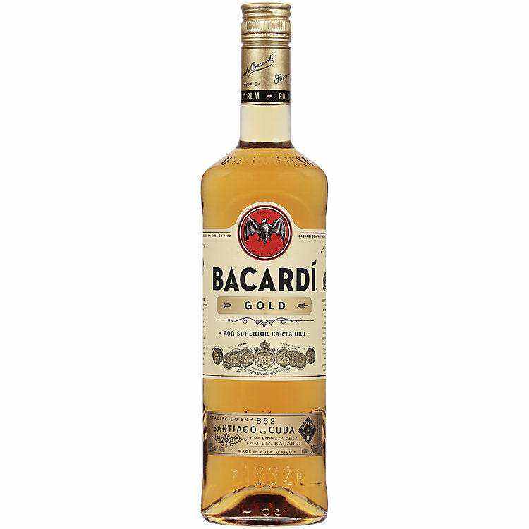 Bacardi Gold Rum 80 750 ML bottle with amber color, smooth medium-bodied flavor, and signature label.