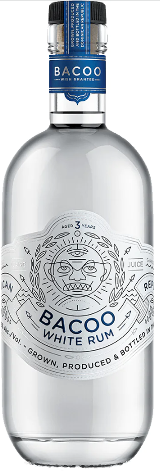 Bacoo Rum 3 Year Old White Rum 750 ML bottle with silvery straw hue, aged in oak barrels, featuring notes of coconut, mango, and candied lime.