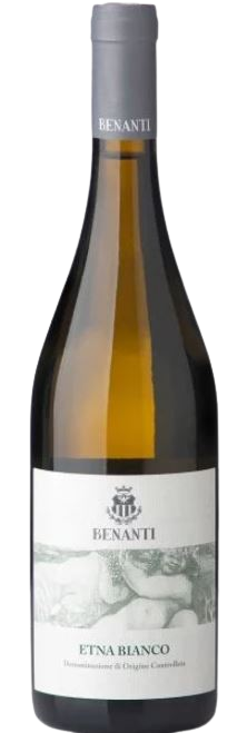 Benanti Etna Bianco wine bottle with pale yellow liquid.