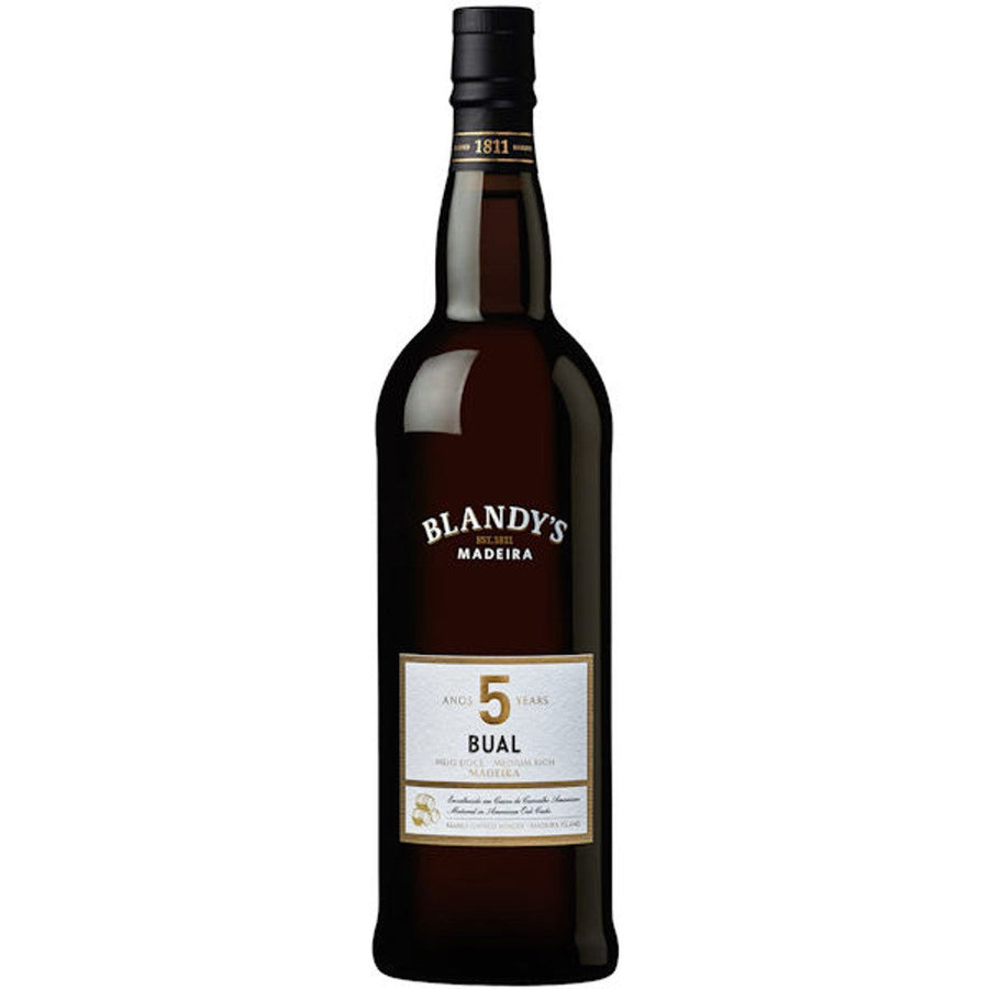 Blandy's Madeira Bual 5 Yr 750 ML wine bottle with a dark label featuring the number 5.