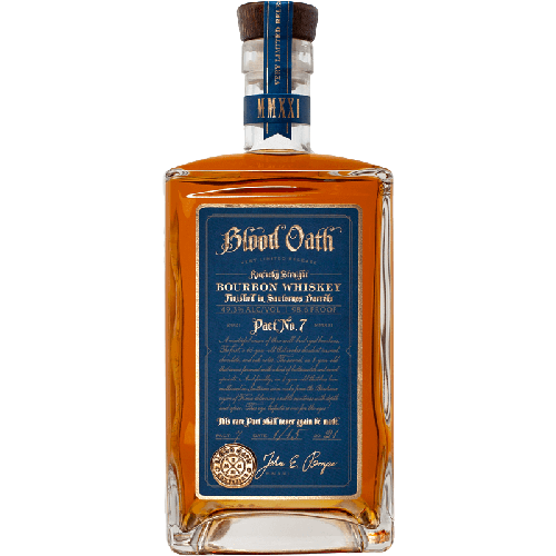 Blood Oath Pact No. 7 Straight Bourbon Whiskey 750 ML bottle with blue label.