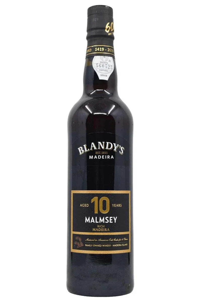 Blandy's Malmsey Madeira 10 Year Old 750 ML bottle showcasing rich, sweet fortified wine with toffee and fig notes