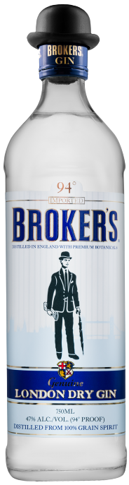 Brokers Genuine London Dry Gin 1 L bottle with bowler-hatted gentleman logo.