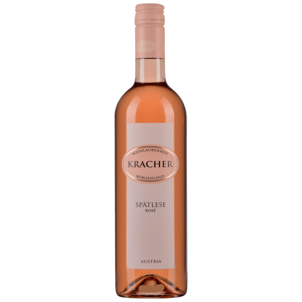 Bottle of Kracher Spatlese Rosé wine on a light gray background