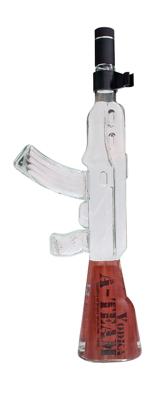 Aiko A. Team AK 47 Vodka 750ml in an AK-47 shaped bottle with a handcrafted wooden box.
