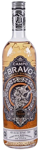 Campo Bravo Reposado Tequila 1L bottle with gold hue, Jalisco, Mexico production.