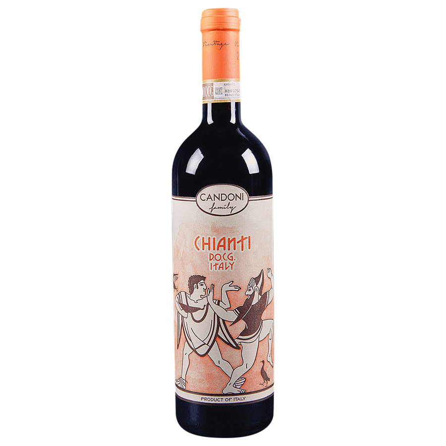 Candoni Chianti 750ml bottle with painted Roman fresco artwork and wild berry aromas