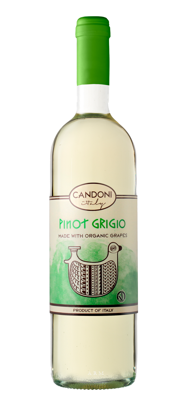 Candoni Organic Pinot Grigio 750 ML bottle with artistic serigraphy design and description of its smooth, fruity flavor with toasted almond and walnut notes