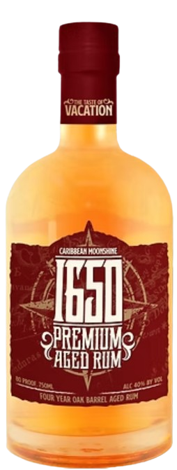 Caribbean Moonshine 1650 Premium Aged Rum 750ml bottle with oak barrel aging and tropical fruit notes