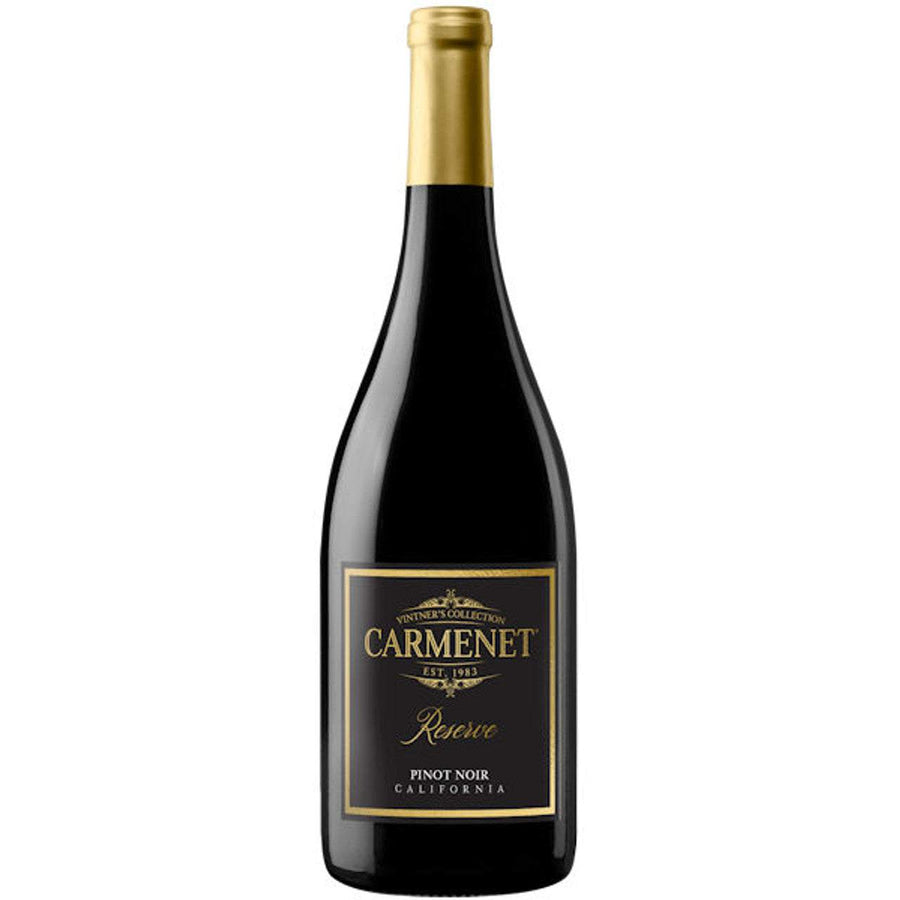 Bottle of Carmenet Vintner's Collection Pinot Noir Reserve California 750 ML with elegant red wine display