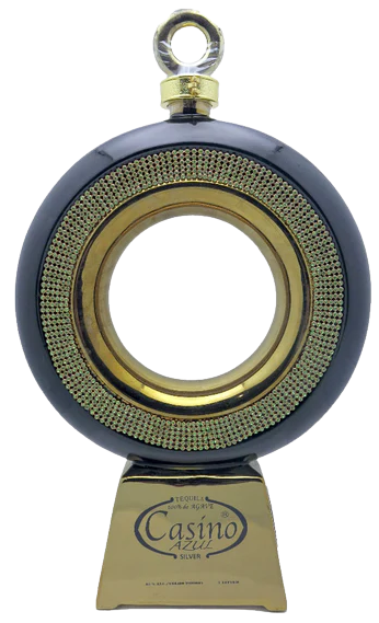Casino Azul Silver Ring tequila bottle with ring-shaped design and gold accents