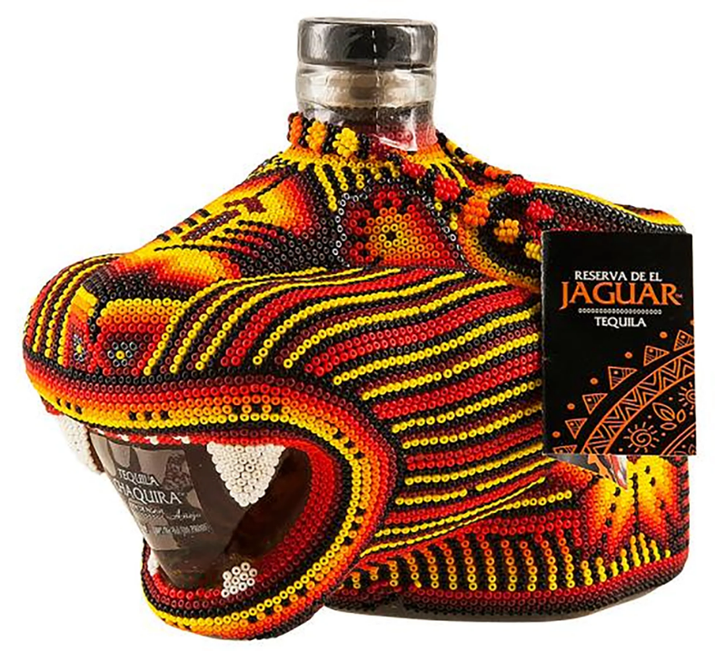Chaquira Beaded Jaguar Añejo tequila bottle with vibrant hand-beaded jaguar design by Huichol artisans.
