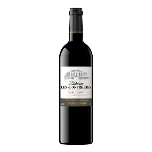 Bottle of Chateau Les Confreries Bordeaux red wine showcasing classic Bordeaux elegance and rich fruit flavors