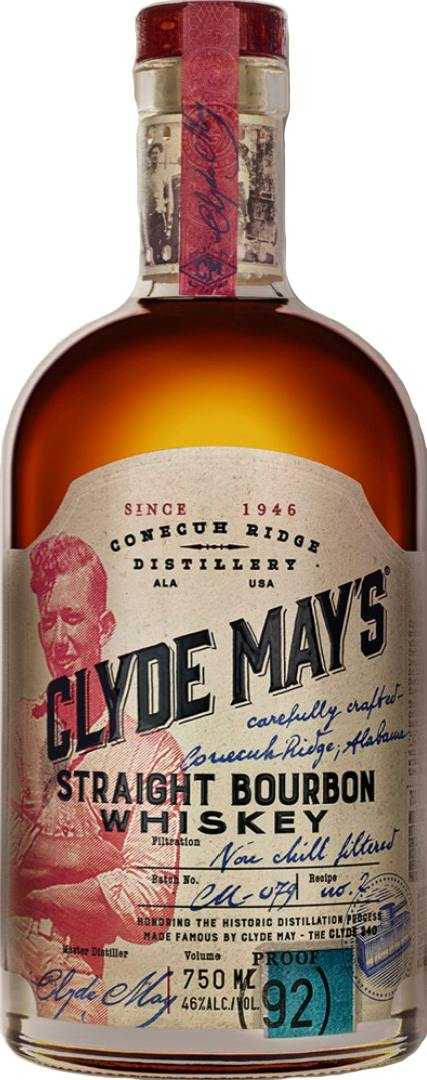 Clyde Mays Straight Bourbon Whiskey 1.75L bottle with amber whiskey and vintage label