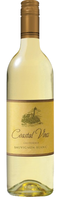 Bottle of Coastal Vines Cellars Sauvignon Blanc 750 ML with grapes and vineyard background