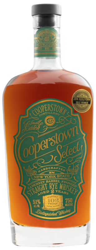 Cooperstown Select Straight Rye 750ML whiskey bottle with green and gold label