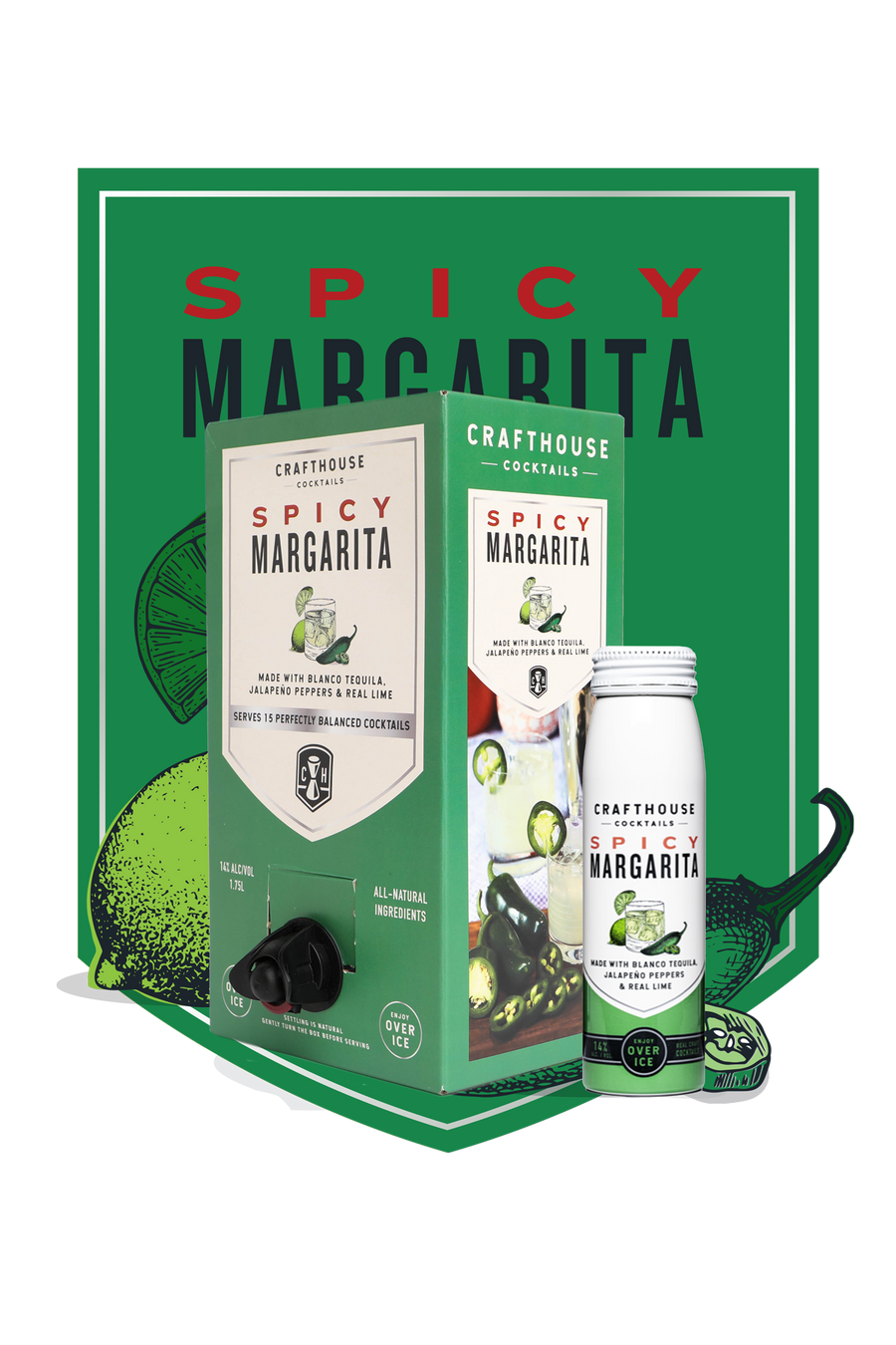 Crafthouse Cocktails Spicy Margarita 1.75 L packaging with jalapeno and lime graphics.