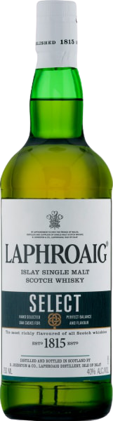 Laphroaig Single Malt Scotch Select 750 ml bottle with green glass and distinctive labeling.