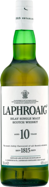 Laphroaig Single Malt Scotch 10 Year bottle with label details and rich gold color.