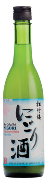 Green bottle of sake with a label on a white background