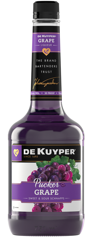 DeKuyper Sour Grape Schnapps Pucker 30 750 ML bottle with vibrant purple hue.