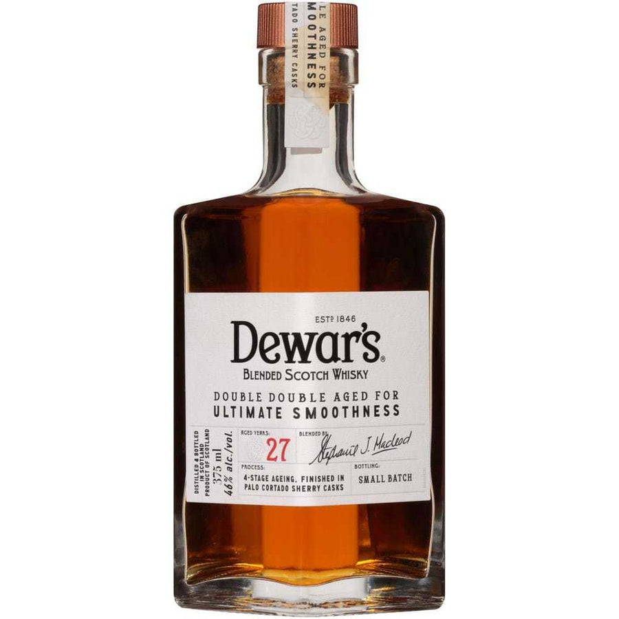 Dewar's Blended Scotch Double Aged 27 Year 375 ML bottle with Palo Cortado sherry cask finish.